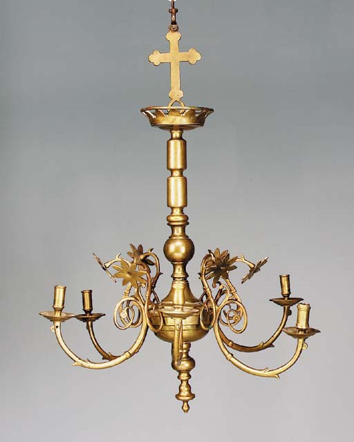 A Continental brass six-light chandelier, 19th century