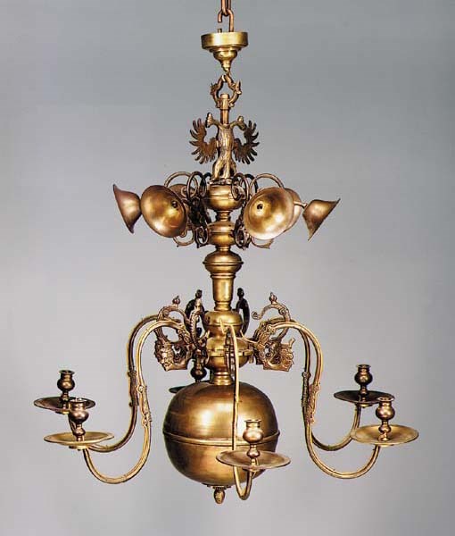 A Continental brass six-light chandelier