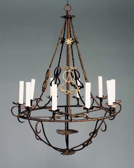 A pair of Continental wrought-iron ten light chandeliers