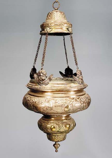 A North European repoussé decorated, silvered brass sanctuary lamp, 19th century