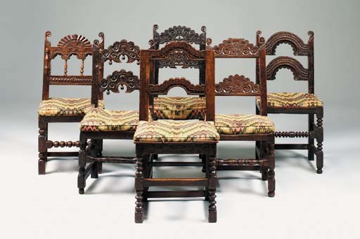A mixed set of six oak solid seat chairs, English, late 17th century