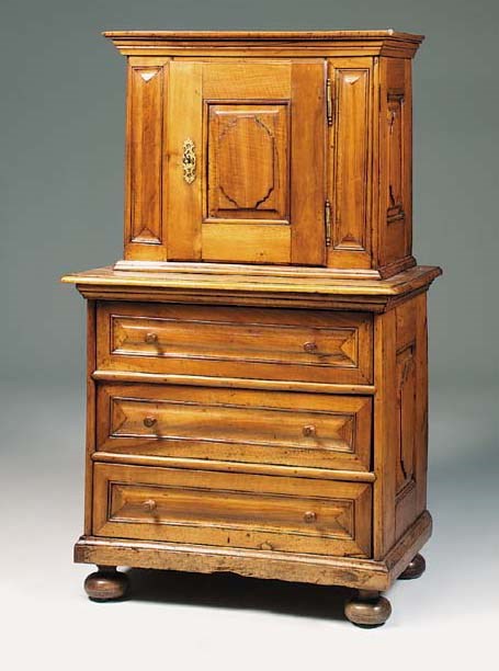 A walnut, pine and fruitwood cabinet-on-chest, South German, 18th century
