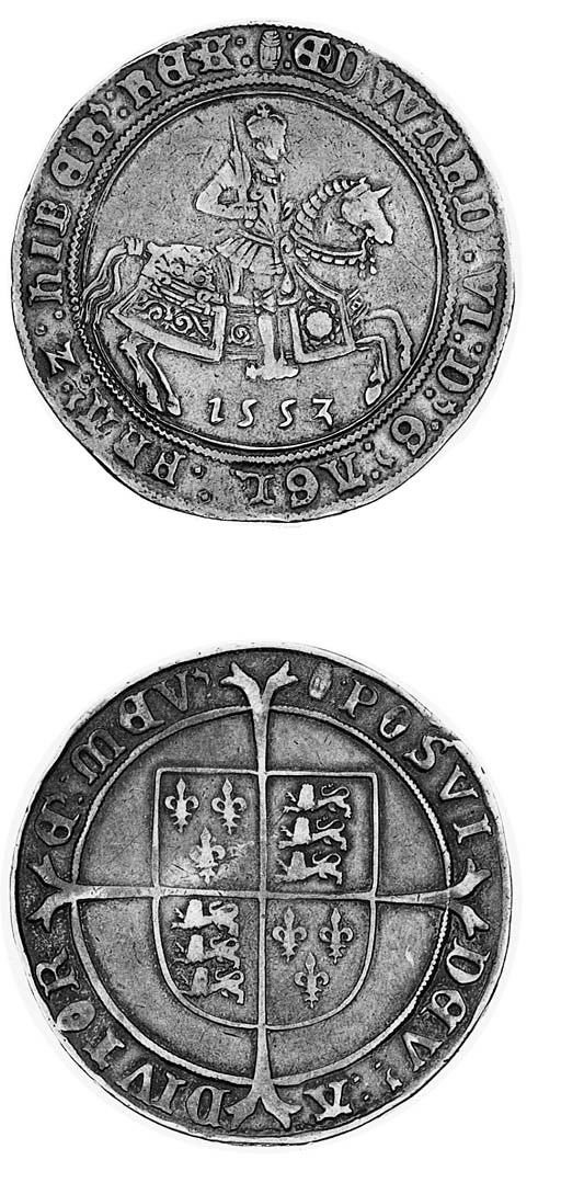 Edward VI, third period, Crown, 1553/2, m.m. tun, king on horseback right, date below, rev. long cross fourchée over shield (Lingford dies A/18; N.1933; S.2478), flaw on O of POSVI, very fine and toned, rare