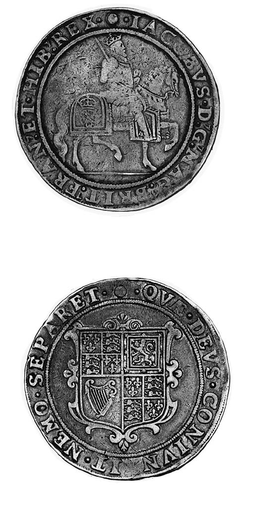James I, second coinage, Crown, m.m. rose, king on horseback right, rev. square garnished shield (FRC V/VIII; N.2097; S.2652), good fine for this rare m.m.