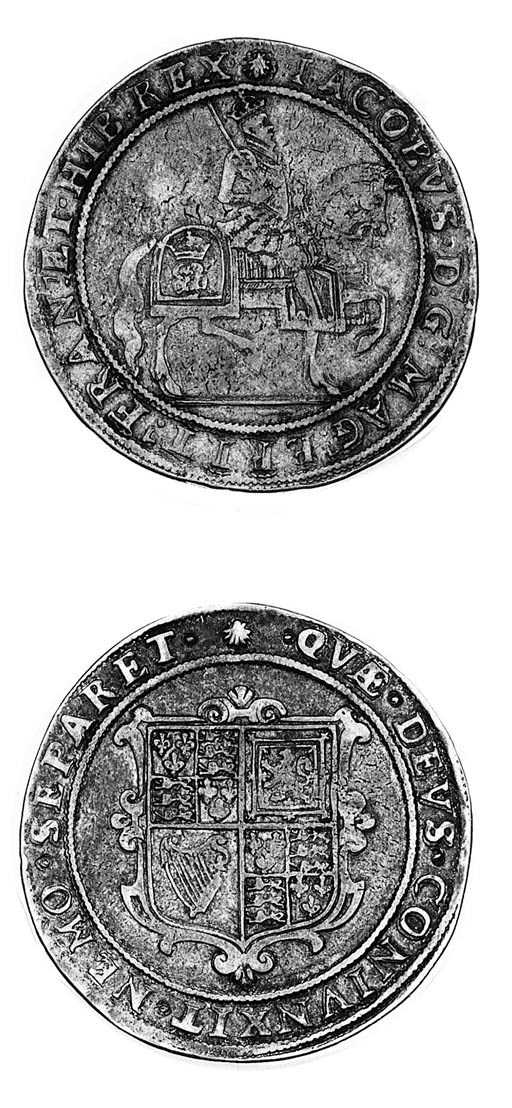 James I, second coinage, Crown, m.m. escallop, king on horseback right, rev. square garnished shield (FRC VI/XI; N.2097; S.2652), lightly double struck on obverse, good fine and a very rare m.m.
