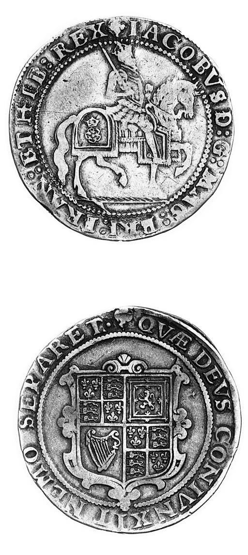 James I, third coinage, Crown, m.m. trefoil over lis, king on horseback right, rev. square garnished shield (FRC X*/XVIII*; N.2120; S.2664), scratch below horse, struck slightly off centre, almost very fine