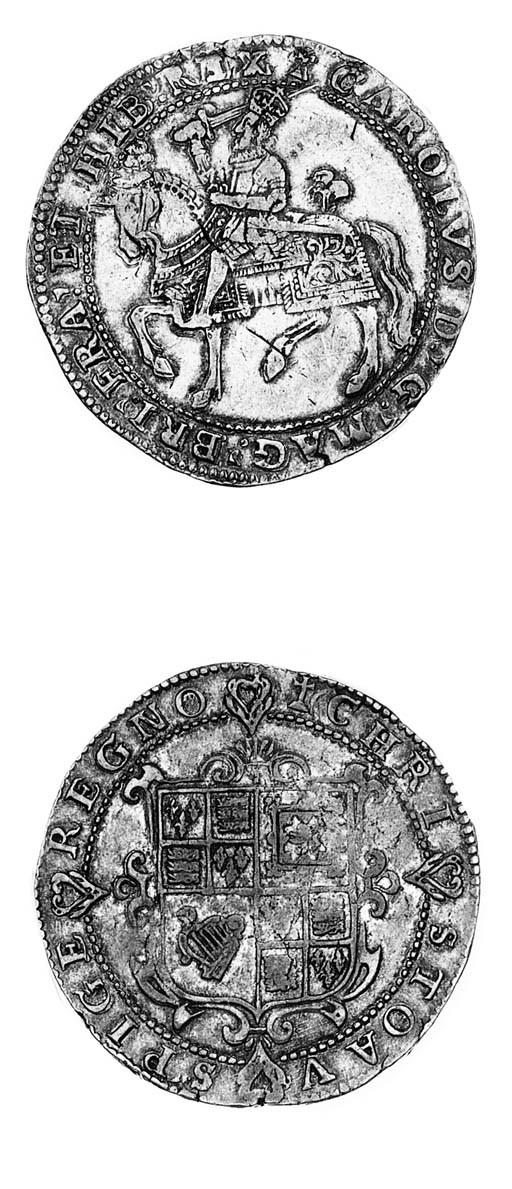 Charles I, group 1a, Crown, Tower mint, m.m. cross calvary, first horseman, rev. long cross fourchée over shield (FRC VII/VIII; N.2190; S.2753), some flan flaws on obverse (as often on crowns of this, the rarer m.m. for the type), lightly double struck, otherwise almost very fine