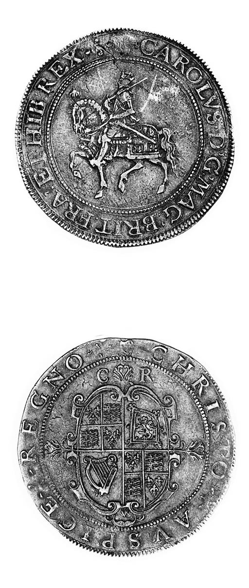 Charles I, group 2a, Crown, Tower mint, m.m. harp over rose over plume/harp, second horseman, rev. oval garnished shield over cross fourchée with C R above (FRC X*/XIV; N.2193; S.2755), very fine or better