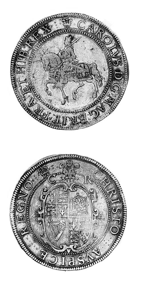 Charles I, group 2b1, Crown, Tower mint, m.m. plume, second horseman, rev. oval garnished shield with C R divided by plume above (FRC IX/XIII; N.2192; S.2756), tooled in the field below horse and traces of old gilding, otherwise good fine