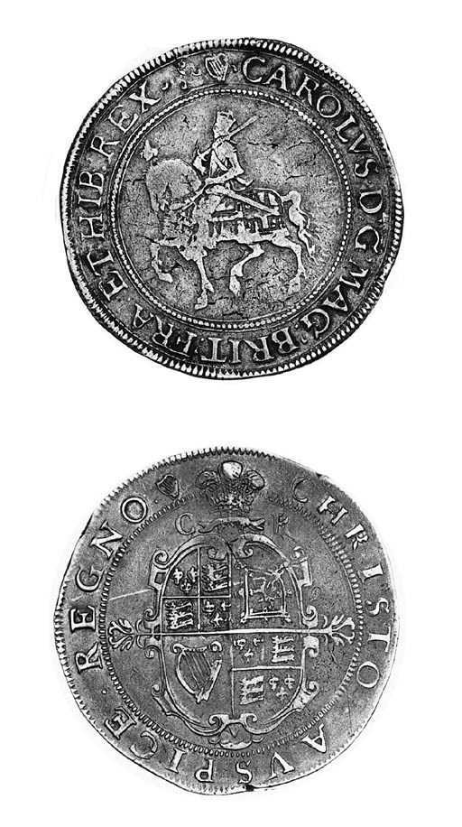Charles I, group 2b2, Crown, Tower mint, m.m. harp over rose over plume/harp, second horseman, rev. oval garnished shield over cross fourchée with C R divided by plume above (FRC X*/XVII; N.2194; S.2757), pierced and plugged to left of m.m., otherwise almost very fine, very rare