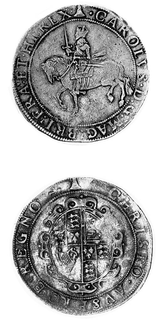 Charles I, group 3a, Crown, Tower mint, m.m. bell over portcullis/bell, third horseman, rev. oval garnished shield without C R (FRC XIV*/XIX; N.2195; S.2758), slightly double struck on reverse and some surface nicks, otherwise very fine