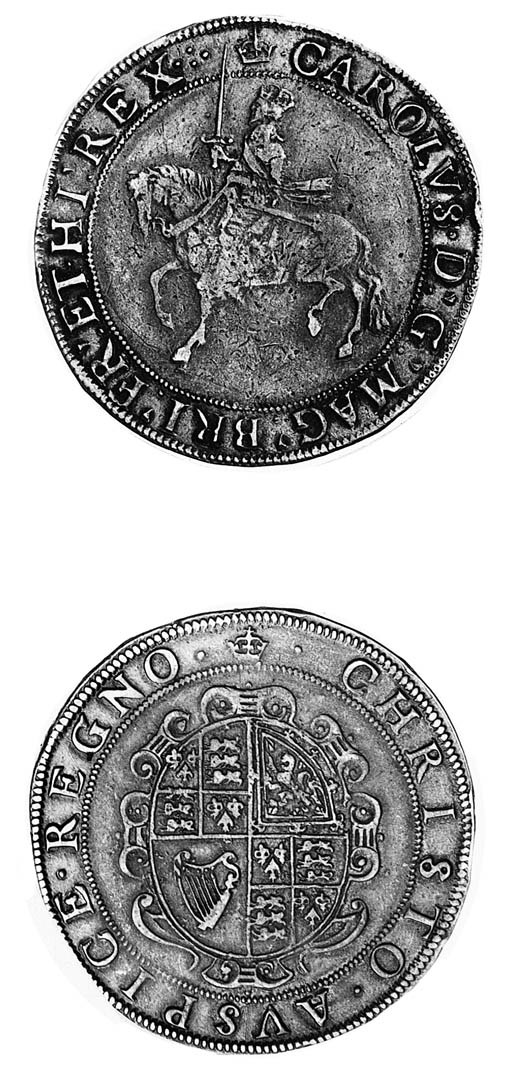 Charles I, group 3a, Crown, Tower mint, m.m. crown, third horseman, rev. oval garnished shield without C R (FRC XVI/XXI; N.2195; S.2758), small edge knock at 3 o'clock, very fine and a full round coin