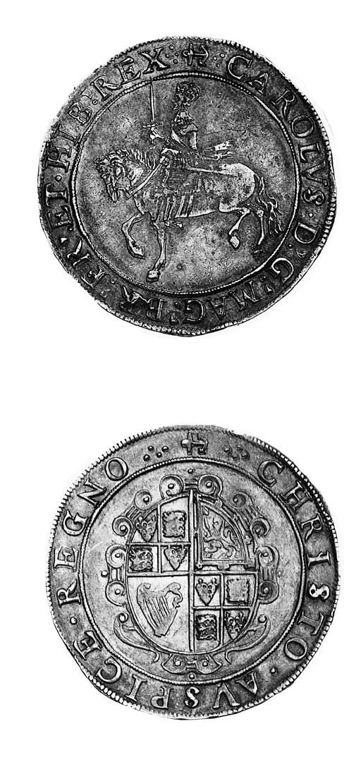 Charles I, group 3a, Crown, Tower mint, m.m. anchor, third horseman, rev. oval garnished shield without C R (FRC XVIII/XXVI; N.2195; S.2758), good very fine, toned, full and well struck, rare thus