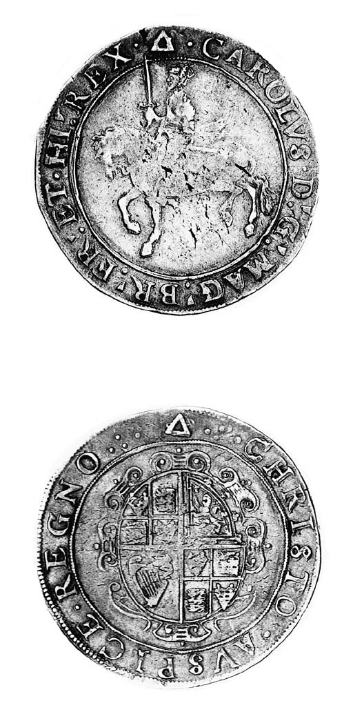 Charles I, group 3a, Crown, Tower mint, m.m. triangle over anchor over tun/triangle over anchor, third horseman, rev. oval garnished shield without C R (FRC XVII*/XXV*; N.2195; S.2758), almost very fine for this very rare mark