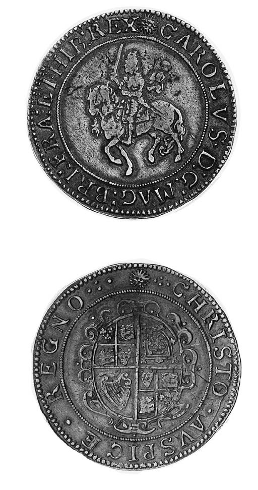 Charles I, group 4, Tower mint under Parliament, m.m. sun, fourth horseman, rev. oval garnished shield (FRC XXIV/XXXVI; N.2198; S.2838), some wear on horseman, otherwise a very fine, round coin with a strong mintmark