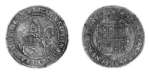 James I, third coinage, Halfcrown, m.m. thistle, king on horseback right, groundline below, rev. square garnished shield with plume above (N.2123; S.2667), struck on a full round flan, good very fine, very rare thus