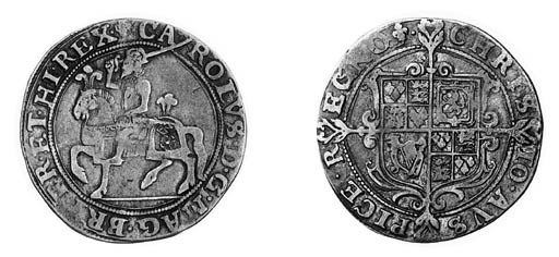Charles I, type 1a1, Halfcrown, m.m. lis, king on horseback left, rev. long cross fourchée over shield, pellet stops, EG>GN in REGNO (N.2200; S.2761), smoothed on edge, otherwise almost very fine, scarce