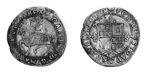 Charles I, type 1a1, Halfcrown, m.m. lis, king on horseback left, no rose on housings, groundline below, rev. long cross fourchée over shield (N.2201; S.2761A), some black deposit in legends, otherwise very fine and an extremely rare variety