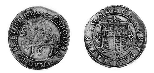 Charles I, type 1a3, Halfcrown, m.m. cross calvary, king on horseback left, reads BR, rev. square garnished shield, no stops (N.2202; S.2763), edge pinched at 12 o'clock, otherwise very fine, scarce
