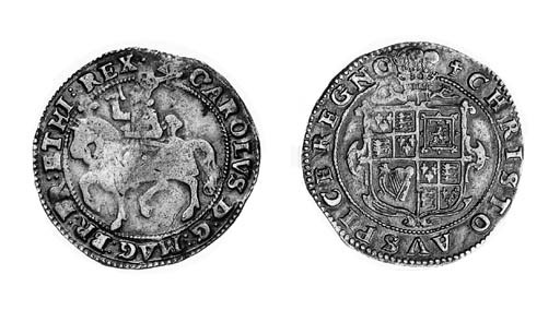 Charles I, type 1B, Halfcrown, m.m. cross calvary over lis/cross calvary, king on horseback left, rev. square garnished shield, plume above (JGB 286/-; N.2203; S.2765), struck from a worn obverse die, very fine for this, extremely rare