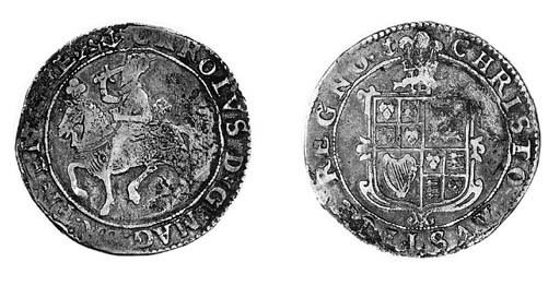 Charles I, type 1b, Halfcrown, m.m. vertical anchor, king on horseback left, rev. square shield with slight garnishing, plume above (JGB 293/-; N.2203; S.2765A), flan slightly porous and scratched to remove deposit, fine, extremely rare