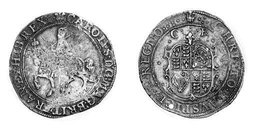 Charles I, type 2a, Halfcrowns (2), m.m. plume, king on smaller horse left, cross on housings, read 1) BRI FRA, 2) BRIT FRAN, rev. oval garnished shield, C R above, various pellets in field (N.2205; S.2767), both good fine 	 (2)