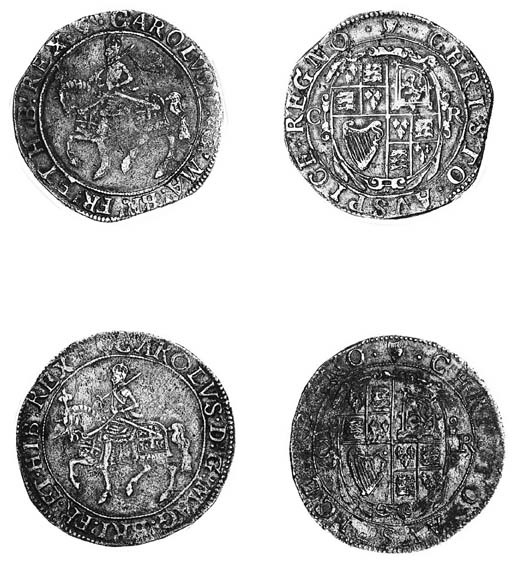 Charles I, type 2c, Halfcrowns (2), m.m. harp, king on horseback left, read 1) BR FR, 2) BRI FR, rev. oval garnished shield, C R at sides, pellet stops (N.2207; S.2769), both have slightly porous surfaces, good fine 	 (2)