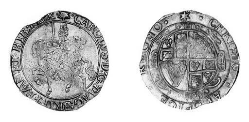 Charles I, type 3a2, Halfcrown, m.m. star over triangle/star, king on horseback left, rev. very large oval garnished shield completely filling inner circle (c.f. JGB 340; N.2211; S.2773), struck on a small flan and weak on centre of horseman, otherwise good very fine, a rare variety and overmark