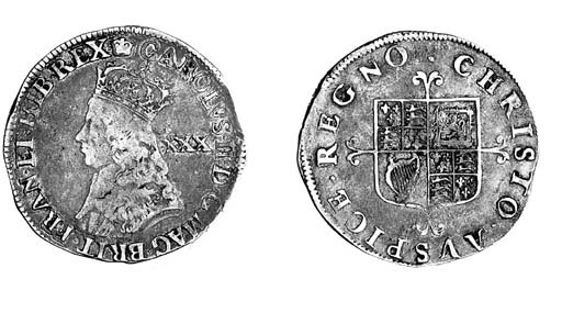 Charles II, second hammered issue, Halfcrown, m.m. crown on obverse only, crowned bust left, no inner circles, mark of value, reads BRIT FRAN, rev. cross fleury on square shield (ESC.449; N.2760; S.3313), lightly toned, fine, very rare