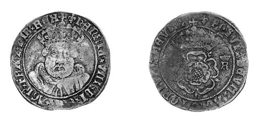 Henry VIII (1509-47), third coinage, Testoon, Tower mint, m.m. lis, crowned bearded bust facing, prominent side locks, reads Henric VIII, rev. crowned rose with crowned H and R at sides (Jacob bust 1; N.1841; S.2364), dent on shoulder and a little dirty on the reverse, otherwise good fine and a clear specimen, rare