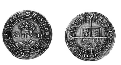 Edward VI, third period, Shilling, fine issue, m.m. y, crowned bust facing with rose to left and XII to right, normal neat bust with small ear, rev. long cross fourchée over square-topped shield (N.1937; S.2482), die flaw by mark of value, otherwise struck on a full round flan, very fine or better