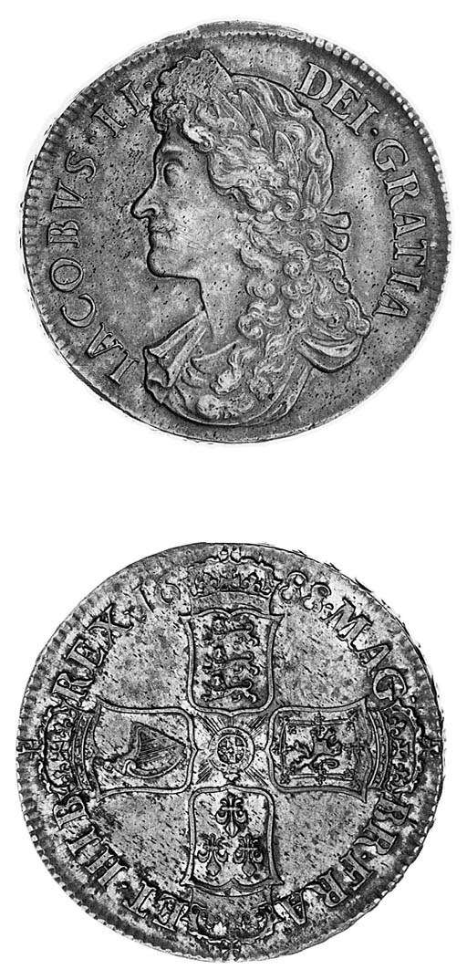 James II, Crown, 1688, 8 over 7, similar to preceding coin, edge, inscribed and dated QVARTO (ESC 81; S.3407), some very light haymarking, attractively toned, weak at top and bottom of bust as per usual, otherwise nearly extremely fine