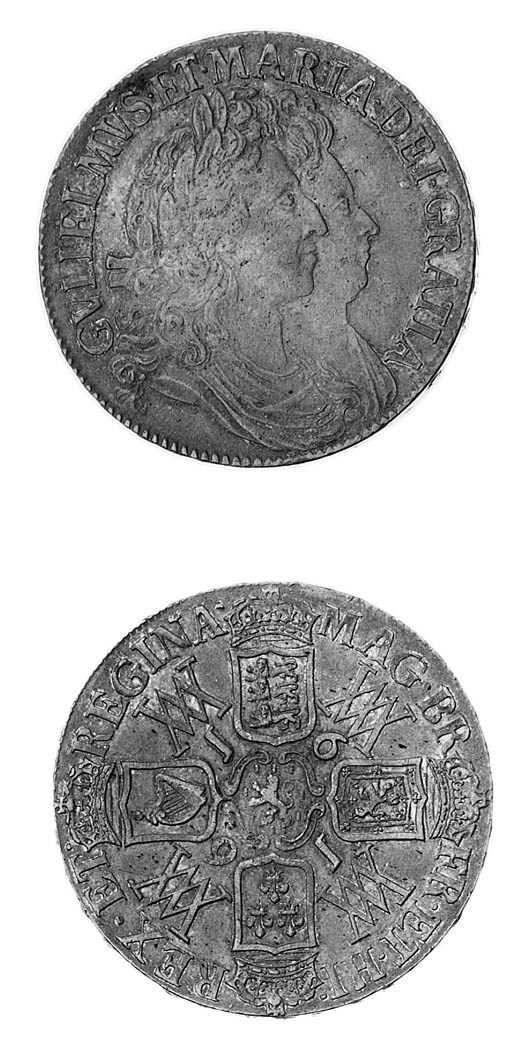 William and Mary, Crown, 1691, conjoined laureate and draped busts facing right, I over E in GVLIELMVS, rev. crowned cruciform shields, WM monogram in angles, Lion of Nassau at centre, date surrounding, edge, inscribed and dated TERTIO (ESC 82; S.3433), with an old grey tone, a bold very fine and very rare