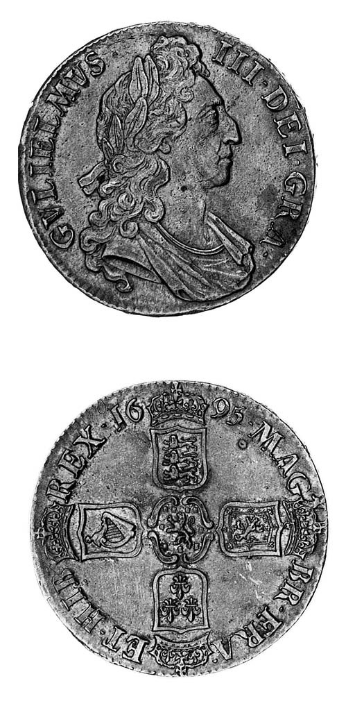 William III, Crown, 1695, first laureate and draped bust facing right, rev. crowned cruciform shields, Lion of Nassau at centre,edge, inscribed and dated OCTAVO (ESC 87; S.3470), attractively toned, nearly extremely fine