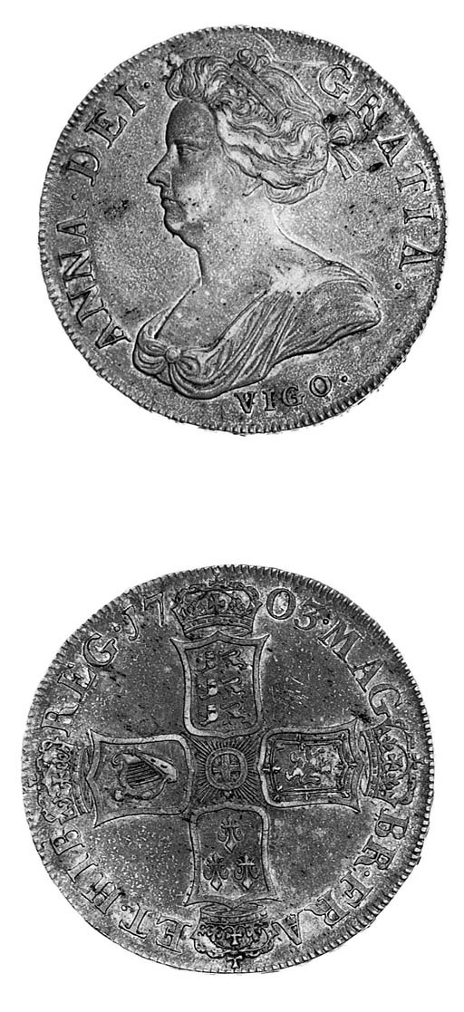 Anne, Crown, 1703 VIGO, draped bust facing left, VIGO below, rev. Pre-Union type crowned cruciform shields, garter star at centre, edge, inscribed and dated TERTIO (ESC 99; S.3576), grey tone, very fine  good very fine