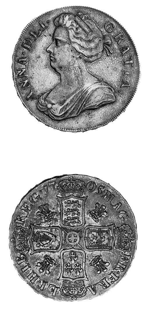 Anne, Crown, 1705, similar to preceding coin, rev. Pre-Union type crowned cruciform shields, plumes in angles, edge, inscribed and dated QVINTO (ESC 100 R2; S.3577), striking flaw down bust, grey tone, some blank filing on reverse rim, very fine, reverse better, the rarest Queen Anne Crown