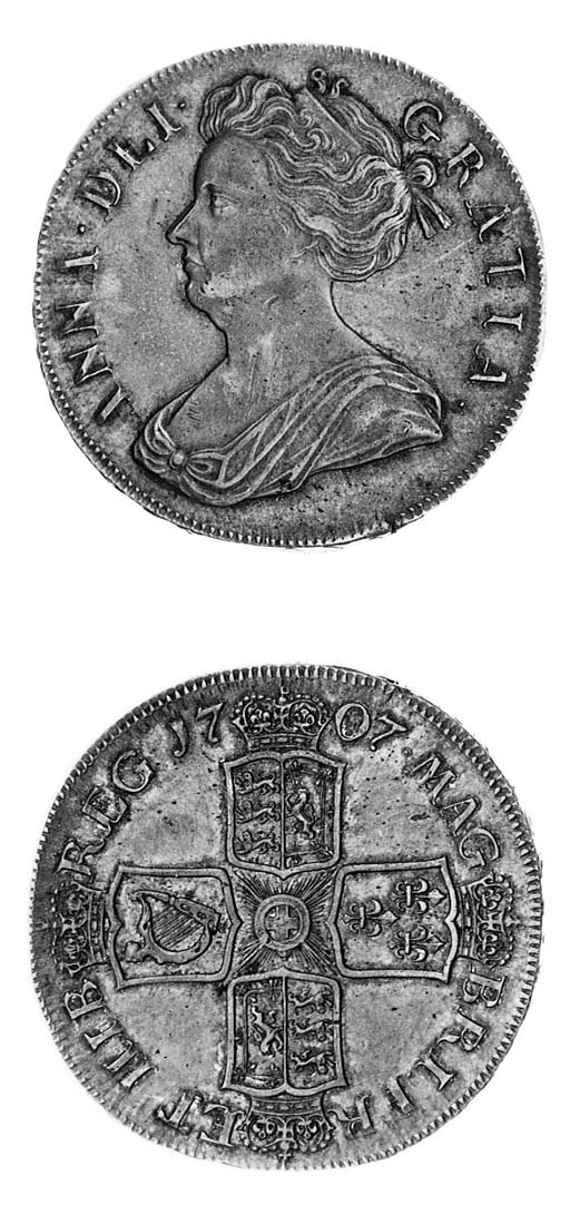 Anne, Crown, 1707, second draped bust facing left, rev. Post Union type crowned cruciform shields, edge, inscribed and dated SEPTIMO (ESC 104; S.3601), small edge striking flaw, toned, nearly extremely fine