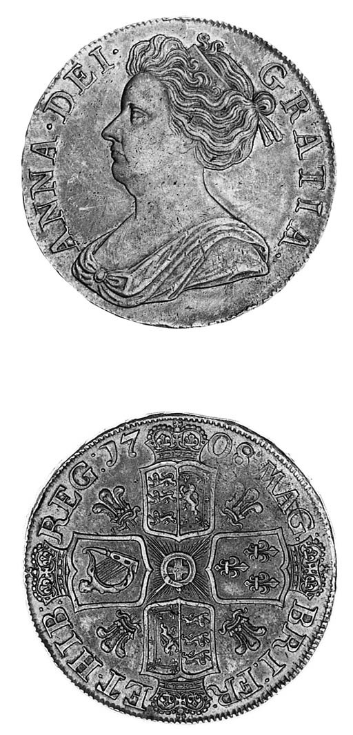 Anne, Crown, 1708, similar to preceding coin, rev. plumes in angles, edge, inscribed and dated SEPTIMO (ESC 108; S.3602), some tiny rim nicks, toned, nearly extremely fine