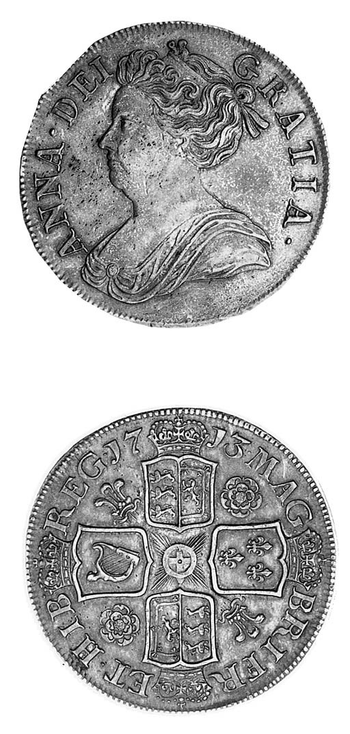 Anne, Crown, 1713, third draped bust facing left, rev. Post-Union type crowned cruciform shields, roses and plumes in angles, edge, inscribed and dated DVODECIMO (ESC 109; S.3603), a few light digs on face, some light haymarking, otherwise toned, nearly extremely fine, reverse better