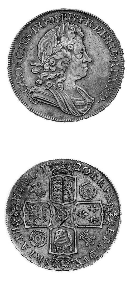 George I, Crown, 1720, 20 over 18, similar to preceding coin, edge, inscribed and dated SEXTO (ESC 113; S.3639), small flan flaw in centre of reverse, toned, very fine