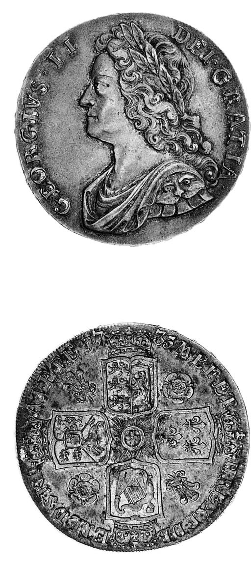 George II, Crown, 1735, young laureate and draped bust facing left, rev. crowned cruciform shields, incorporating the Hanoverian Arms, roses and plumes in angles, edge, inscribed and dated OCTAVO (ESC 120; S.3686), attractively toned, nearly extremely fine