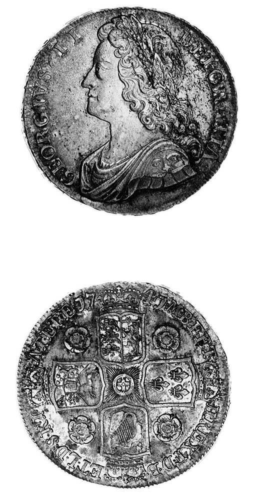George II, Crown, 1741, similar to preceding coin, rev. roses in angles, edge, inscribed and dated DECIMO QVARTO (ESC 123; S.3687), some light haymarking behind bust, attractively toned, good very fine, reverse better