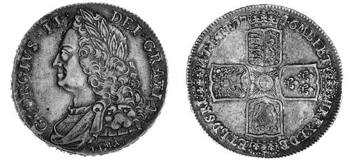 George II, Crown, 1746 LIMA, similar to preceding coin, LIMA below bust, rev. angles plain, edge, inscribed and dated DECIMO NONO (ESC 125; S.3689), toned, very fine