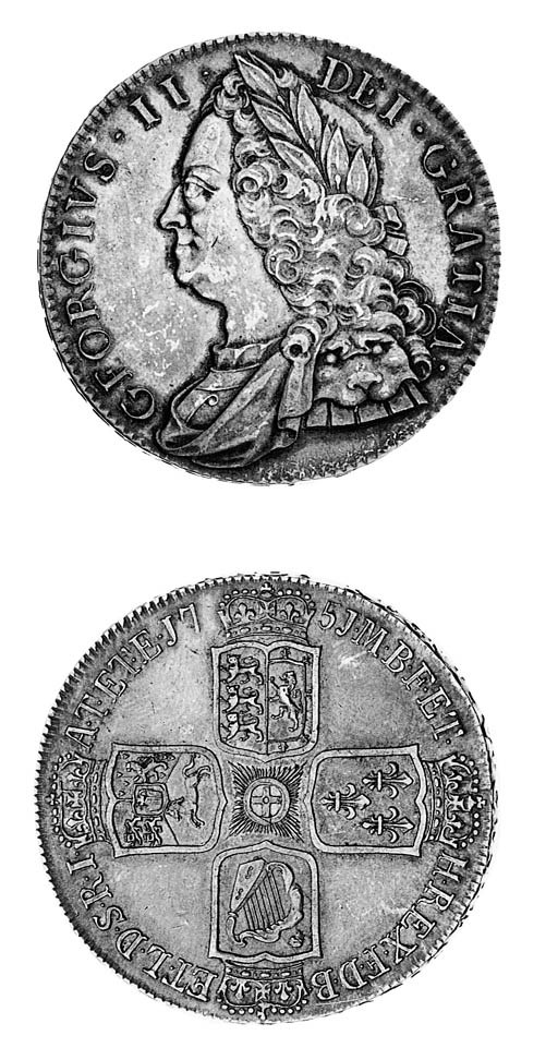 George II, Crown, 1751, similar to preceding coin, edge, inscribed and dated VICESIMO QVARTO (ESC 128; S.3690), attractively toned, nearly extremely fine and rare