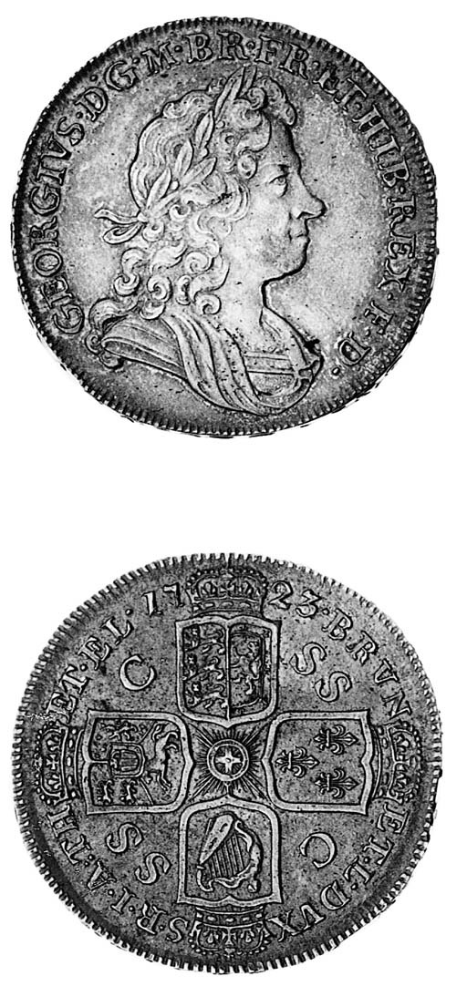 George I, Halfcrown, 1723 SSC, laureate and draped bust facing right, rev. crowned cruciform shields, now incorporating the Hanoverian Arms, initials of South Sea Company in angles, garter star at centre, edge, inscribed and dated DECIMO (ESC 592; S.3643), some light flecking on obverse, toned, nearly extremely fine
