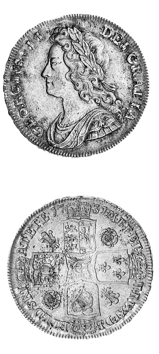 George II, Halfcrown, 1731, young laureate and draped bust facing left, rev. crowned cruciform shields, roses and plumes in angles, garter star at centre, edge, inscribed and dated QVINTO (ESC 595; S.3692), grey tone, good very fine