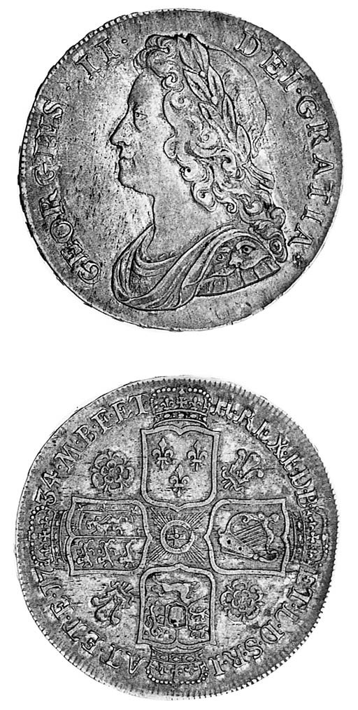 George II, Halfcrown, 1734, similar to preceding coin, edge, inscribed and dated SEPTIMO, with mistruck O due to collar slippage (ESC 597; S.3692), toned, very fine, reverse better and scarce