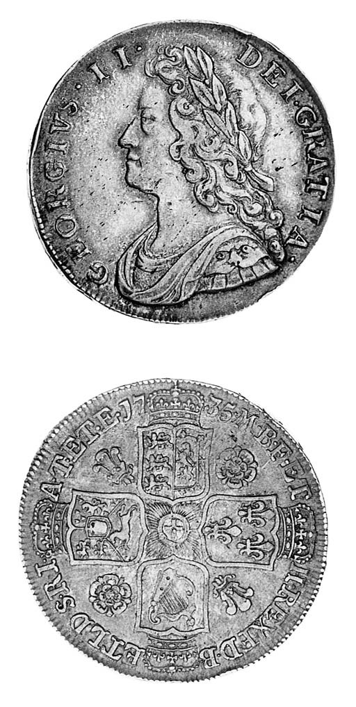 George II, Halfcrown, 1735, similar to preceding coin, edge, inscribed and dated OCTAVO (ESC 598; S.3692), two very light rim bruises, toned, very fine