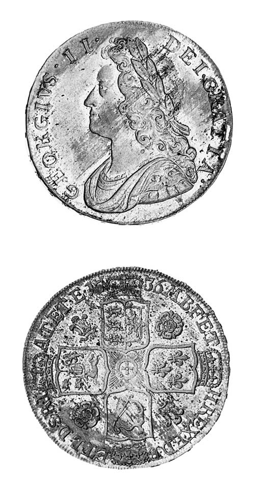 George II, Halfcrown, 1736, similar to preceding coin, edge, inscribed and dated NONO (ESC 599; S.3692), streaky tone, with some very light flecking, otherwise, extremely fine and rare