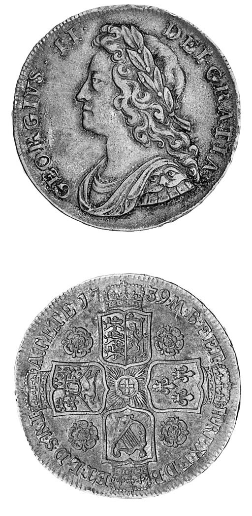 George II, Halfcrown, 1739, similar to preceding coin, rev. with roses in angles, edge, inscribed and dated DVODECIMO (ESC 600; S.3693), toned, very fine